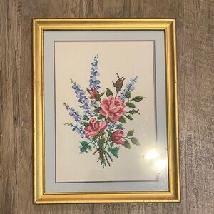 Floral Cross-Stitch Art in Gold Frame